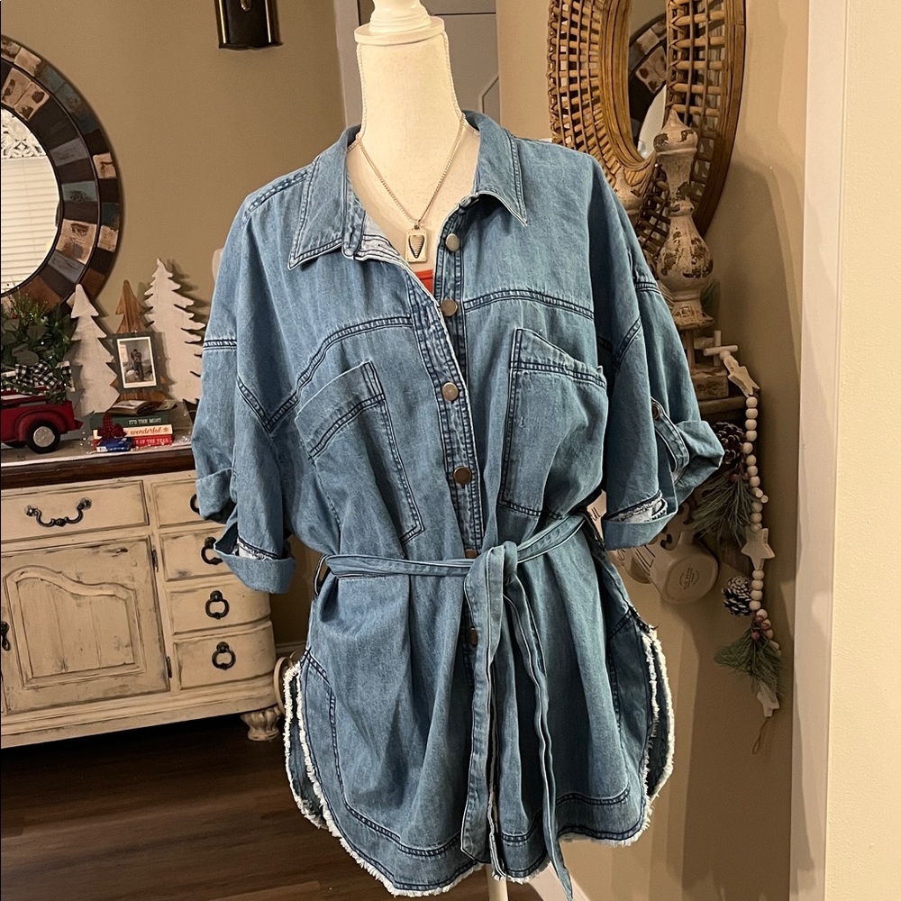 Pilcro Denim Button-Down Utility Shirt Jacket in Blue